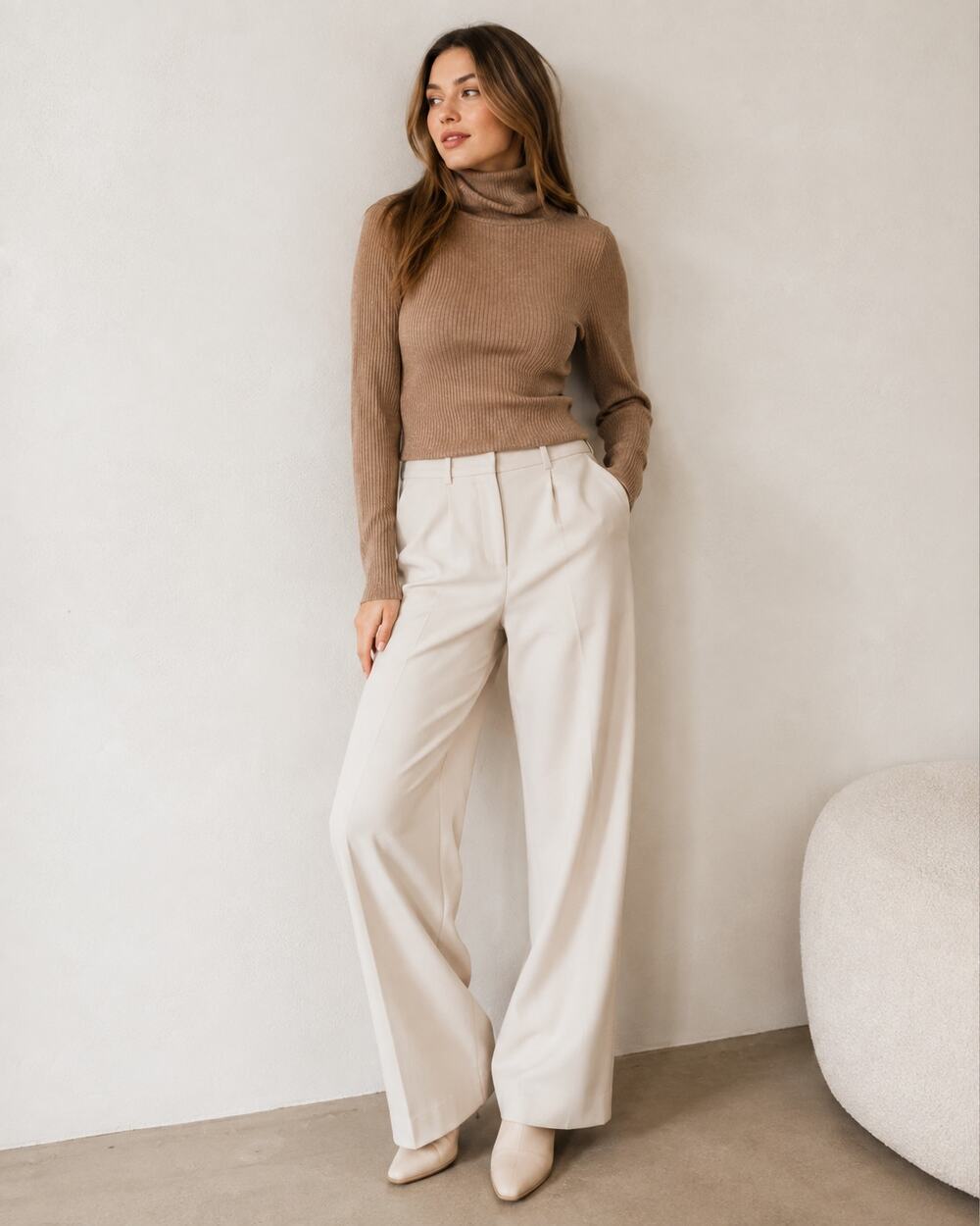 Group Babaton Tan Ribbed Turtleneck Sweater Womens M Neutral Classic Minimalist